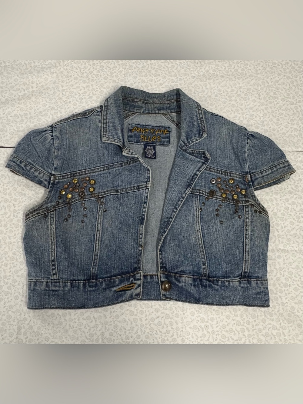 Vintage Americana Blues Women’s Blue Studded Denim Jacket Button Stretch Short M
